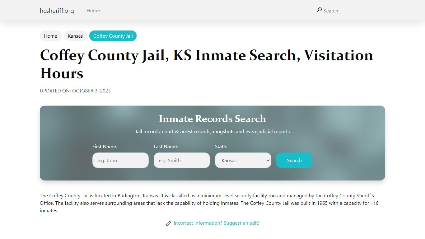 Coffey County Jail, KS Inmate Search, Visitation Hours